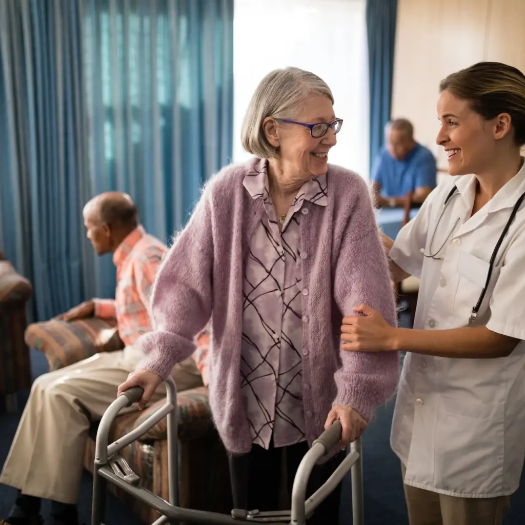 Smiling female doctor looking at senior woman standing with walker in retirement home